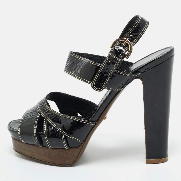 Pre Owned Sergio Rossi Black Patent Leather Ankle Strap Platform Sandals Size 37.5