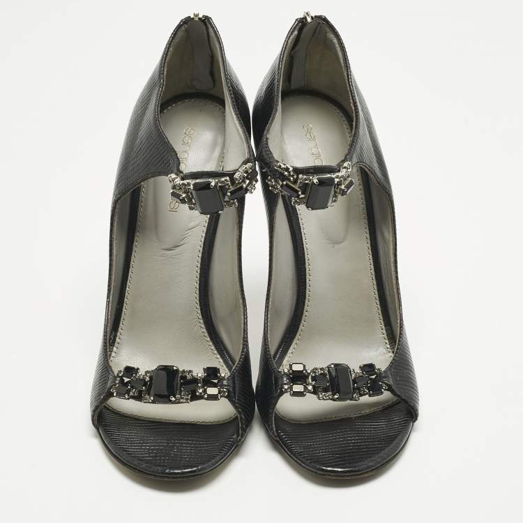 Pre Owned Sergio Rossi Black Lizard Embossed Leather Open Toe Sandals Size 37.5