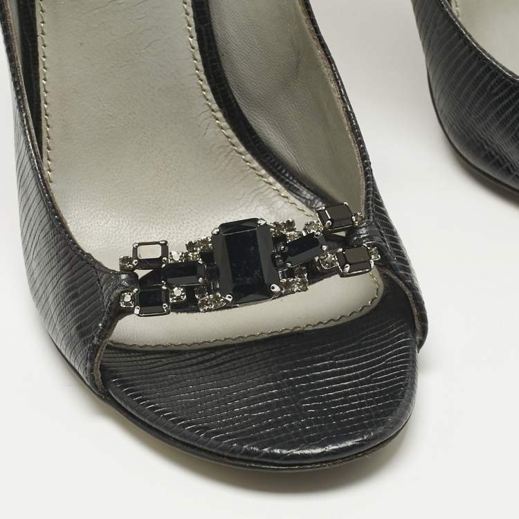 Pre Owned Sergio Rossi Black Lizard Embossed Leather Open Toe Sandals Size 37.5