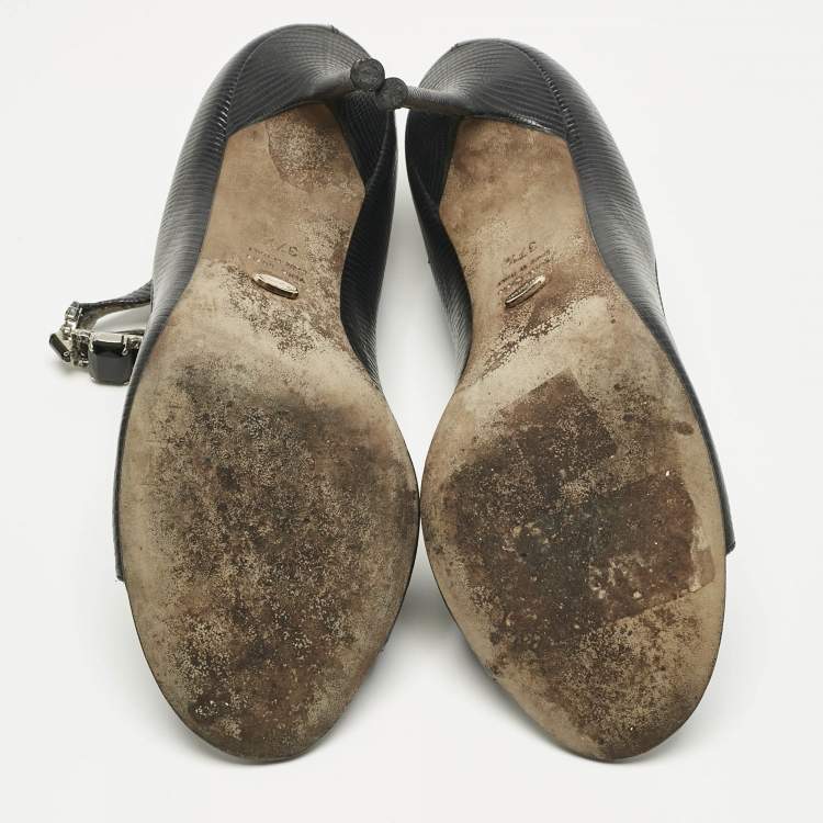 Pre Owned Sergio Rossi Black Lizard Embossed Leather Open Toe Sandals Size 37.5