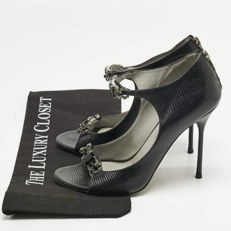 Pre Owned Sergio Rossi Black Lizard Embossed Leather Open Toe Sandals Size 37.5