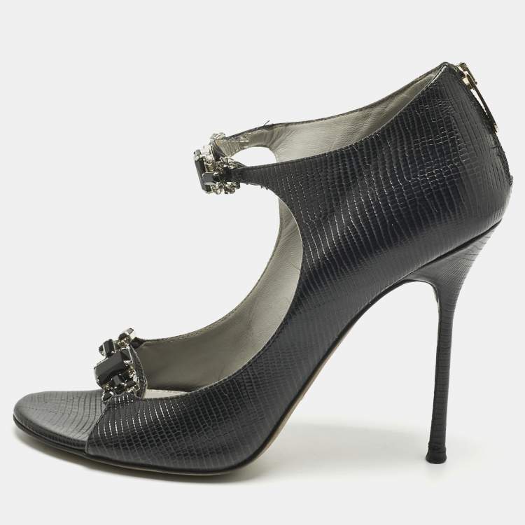 Pre Owned Sergio Rossi Black Lizard Embossed Leather Open Toe Sandals Size 37.5