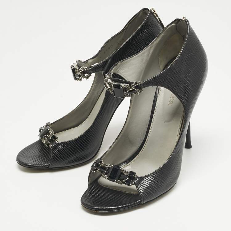 Pre Owned Sergio Rossi Black Lizard Embossed Leather Open Toe Sandals Size 37.5