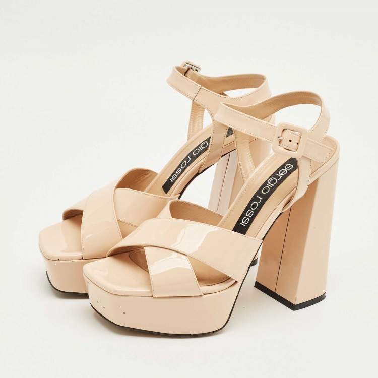 Pre Owned Sergio Rossi Beige Patent Leather Crisscross Ankle Strap Sandals Size 37