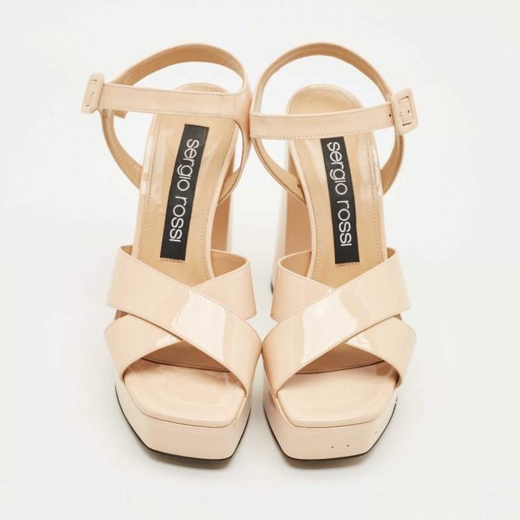 Pre Owned Sergio Rossi Beige Patent Leather Crisscross Ankle Strap Sandals Size 37