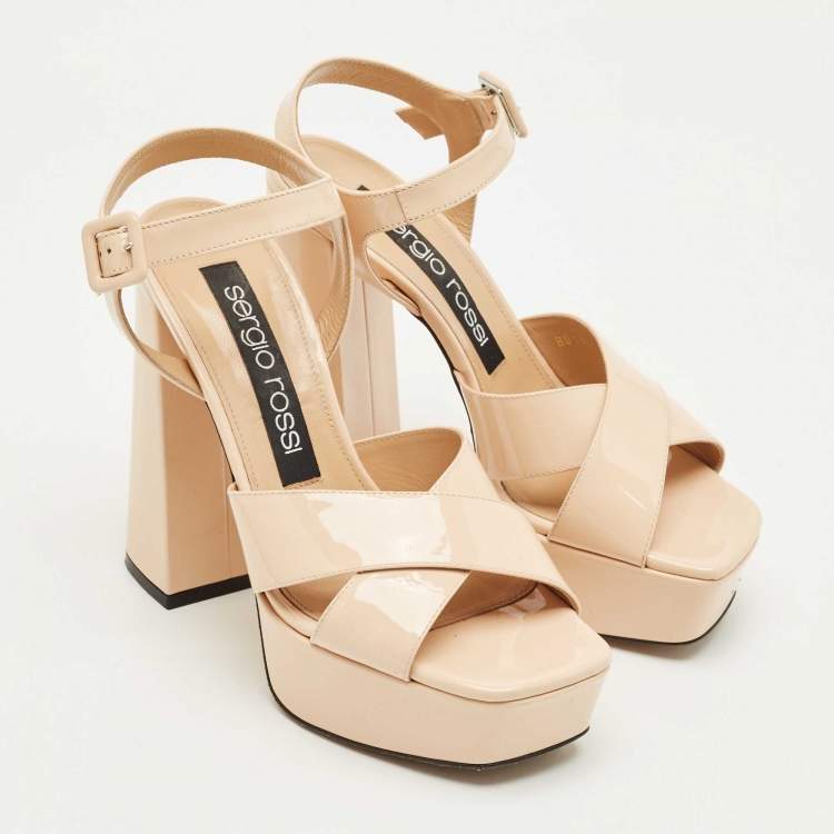 Pre Owned Sergio Rossi Beige Patent Leather Crisscross Ankle Strap Sandals Size 37