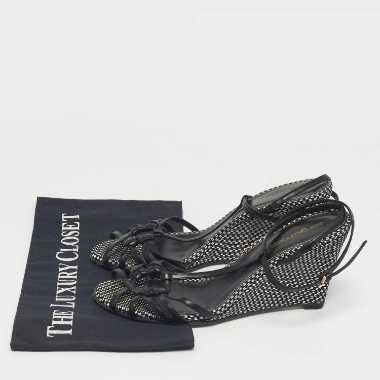 Pre Owned Sergio Rossi Black/White Raffia Ankle Strap Wedge Sandals Size 38.5