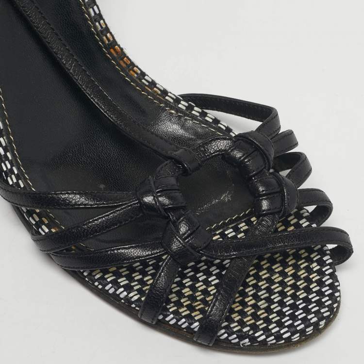 Pre Owned Sergio Rossi Black/White Raffia Ankle Strap Wedge Sandals Size 38.5