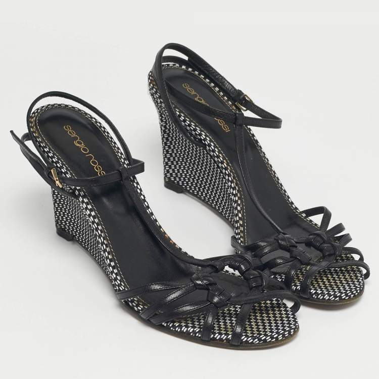 Pre Owned Sergio Rossi Black/White Raffia Ankle Strap Wedge Sandals Size 38.5