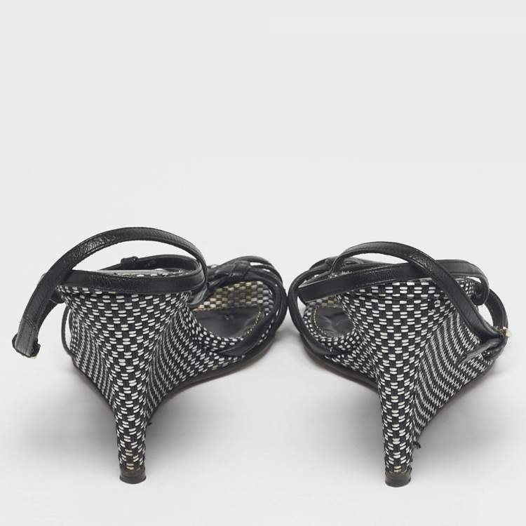 Pre Owned Sergio Rossi Black/White Raffia Ankle Strap Wedge Sandals Size 38.5
