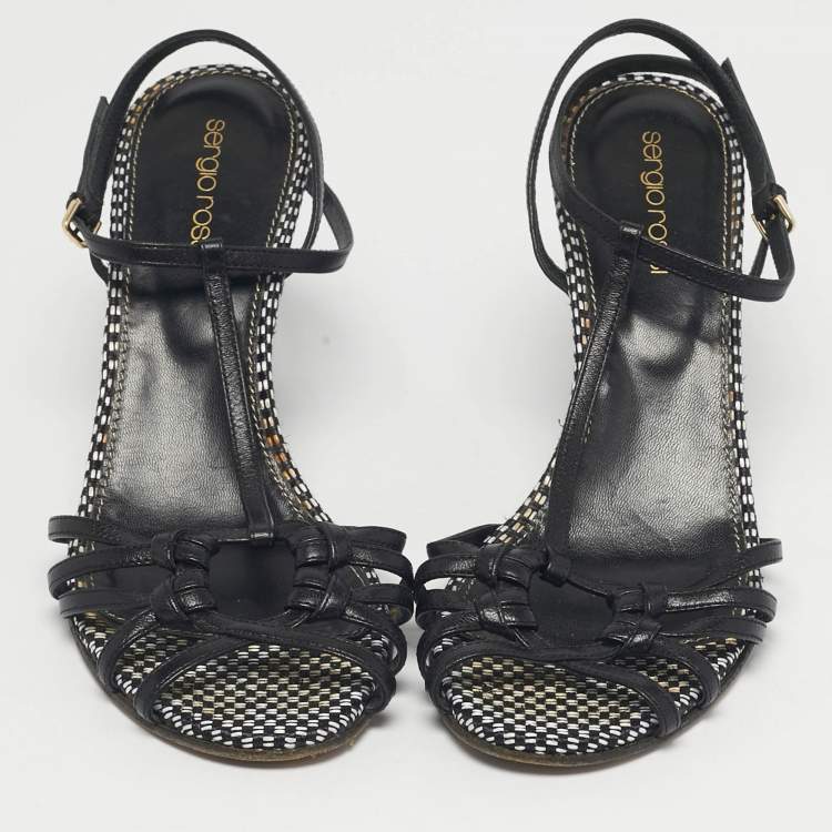 Pre Owned Sergio Rossi Black/White Raffia Ankle Strap Wedge Sandals Size 38.5