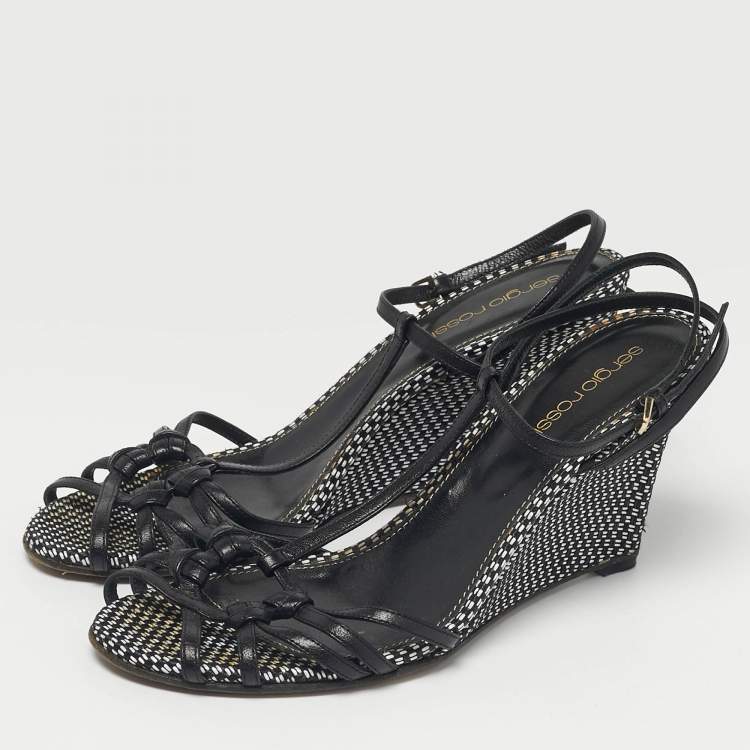 Pre Owned Sergio Rossi Black/White Raffia Ankle Strap Wedge Sandals Size 38.5
