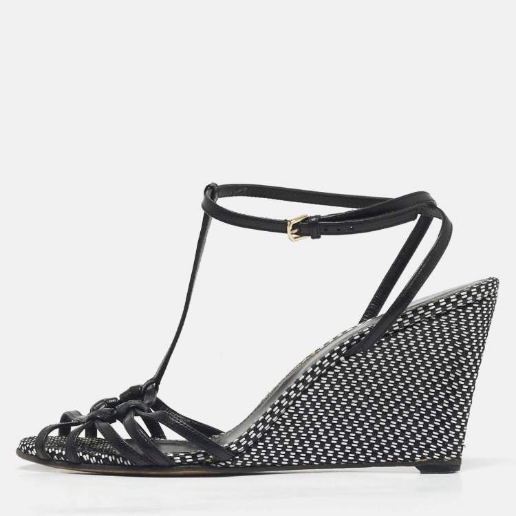 Pre Owned Sergio Rossi Black/White Raffia Ankle Strap Wedge Sandals Size 38.5