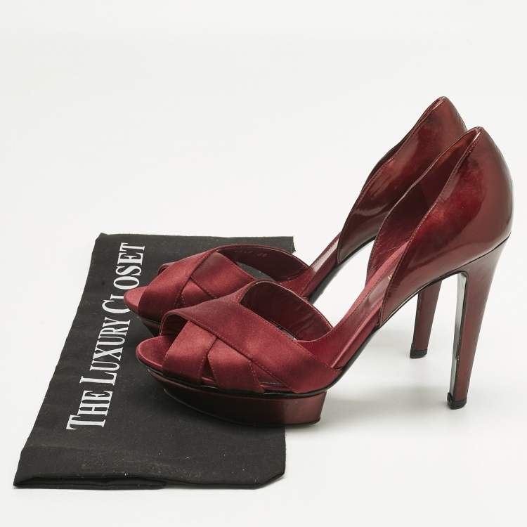 Pre Owned Sergio Rossi Burgundy Patent Leather and Satin Crisscross Platform Pumps Size 38