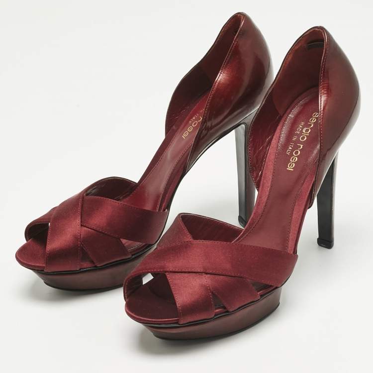 Pre Owned Sergio Rossi Burgundy Patent Leather and Satin Crisscross Platform Pumps Size 38
