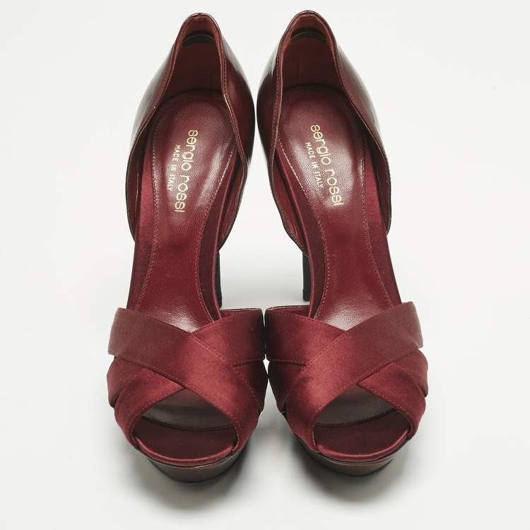 Pre Owned Sergio Rossi Burgundy Patent Leather and Satin Crisscross Platform Pumps Size 38