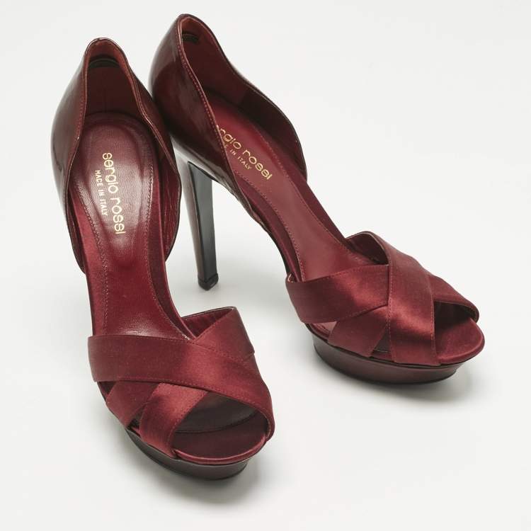 Pre Owned Sergio Rossi Burgundy Patent Leather and Satin Crisscross Platform Pumps Size 38