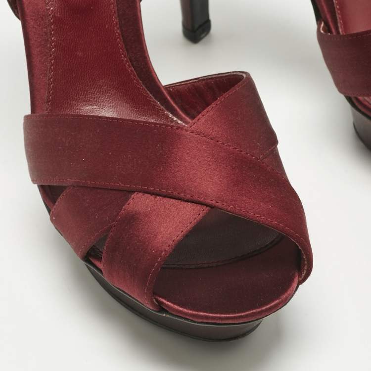 Pre Owned Sergio Rossi Burgundy Patent Leather and Satin Crisscross Platform Pumps Size 38