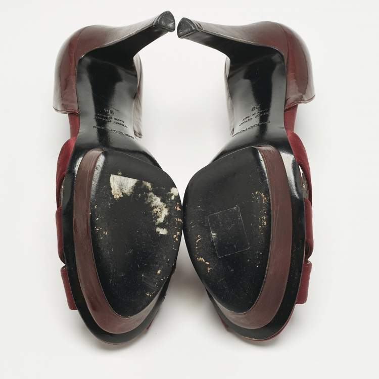 Pre Owned Sergio Rossi Burgundy Patent Leather and Satin Crisscross Platform Pumps Size 38