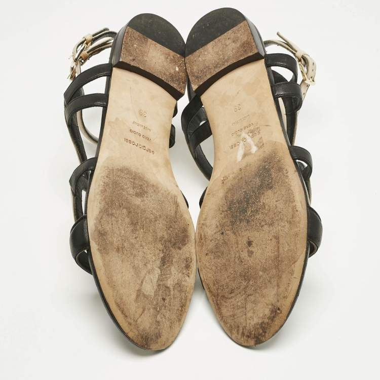 Pre Owned Sergio Rossi Black/Cream Leather Ankle Strap Flat Sandals Size 39