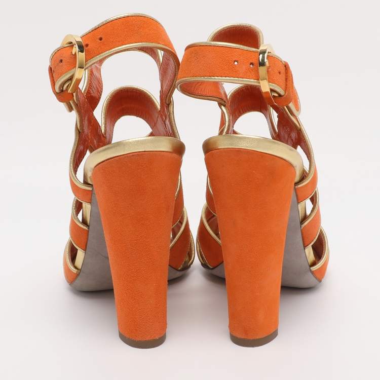 Pre Owned Sergio Rossi Orange Suede Strappy Slingback Sandals Size 38