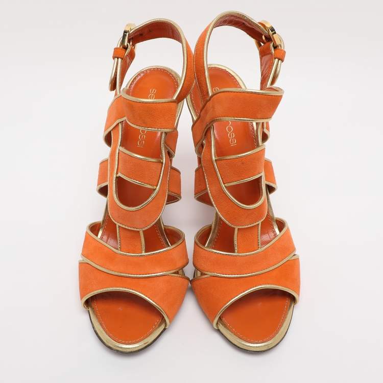 Pre Owned Sergio Rossi Orange Suede Strappy Slingback Sandals Size 38
