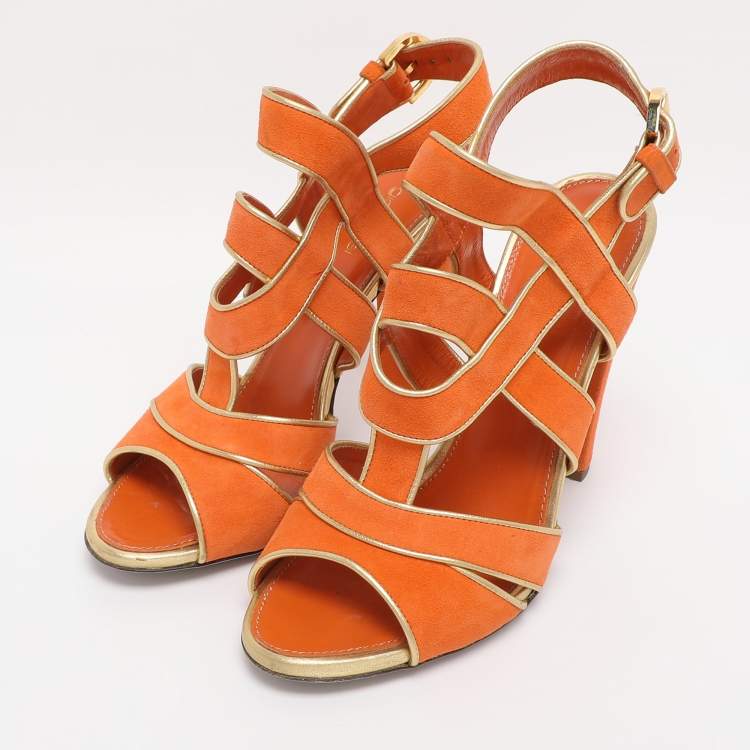 Pre Owned Sergio Rossi Orange Suede Strappy Slingback Sandals Size 38