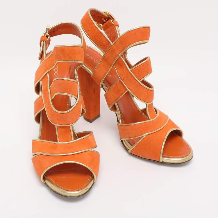 Pre Owned Sergio Rossi Orange Suede Strappy Slingback Sandals Size 38