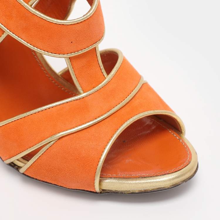Pre Owned Sergio Rossi Orange Suede Strappy Slingback Sandals Size 38