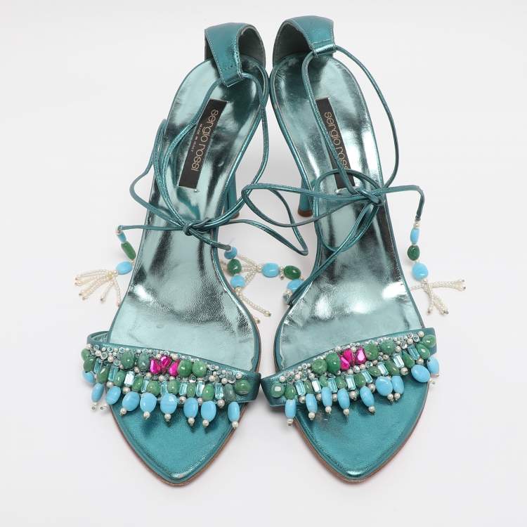 Pre Owned Sergio Rossi Metallic Green Leather Stone Embellished Ankle Strap Sandals Size 38.5