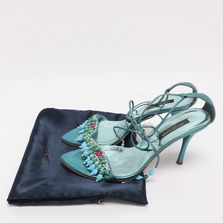 Pre Owned Sergio Rossi Metallic Green Leather Stone Embellished Ankle Strap Sandals Size 38.5