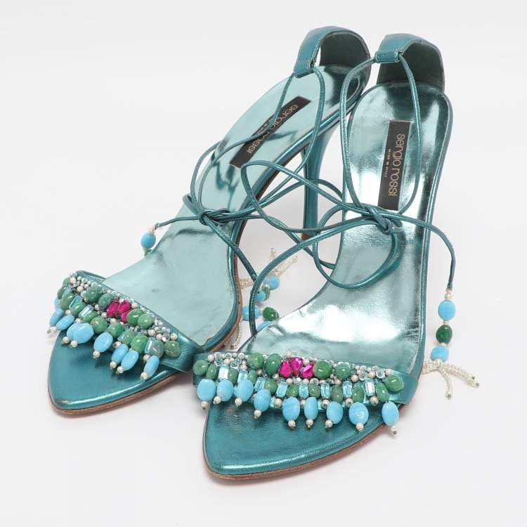 Pre Owned Sergio Rossi Metallic Green Leather Stone Embellished Ankle Strap Sandals Size 38.5