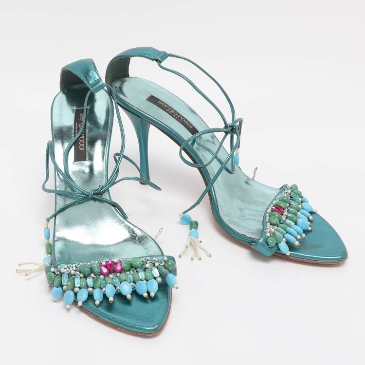 Pre Owned Sergio Rossi Metallic Green Leather Stone Embellished Ankle Strap Sandals Size 38.5
