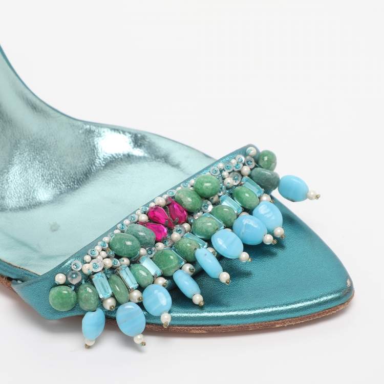 Pre Owned Sergio Rossi Metallic Green Leather Stone Embellished Ankle Strap Sandals Size 38.5