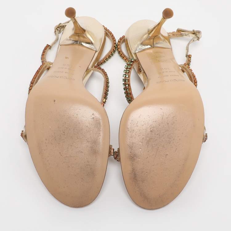 Pre Owned Sergio Rossi Gold Leather Ankle Strap Sandals Size 38.5