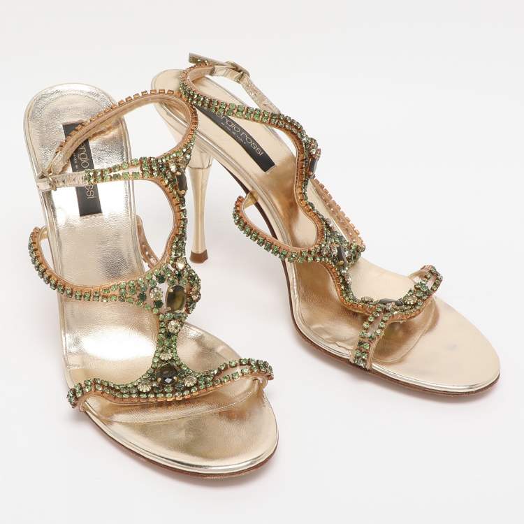 Pre Owned Sergio Rossi Gold Leather Ankle Strap Sandals Size 38.5