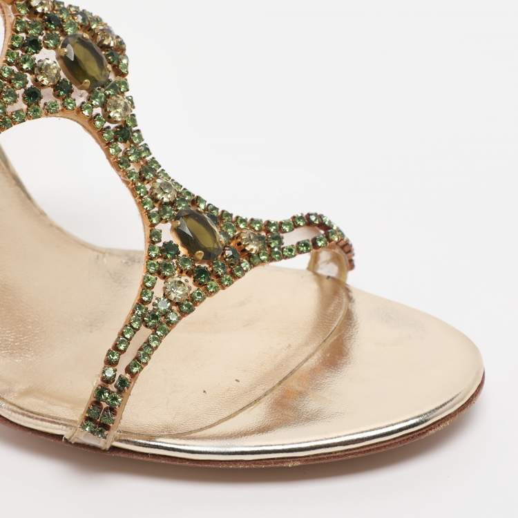 Pre Owned Sergio Rossi Gold Leather Ankle Strap Sandals Size 38.5