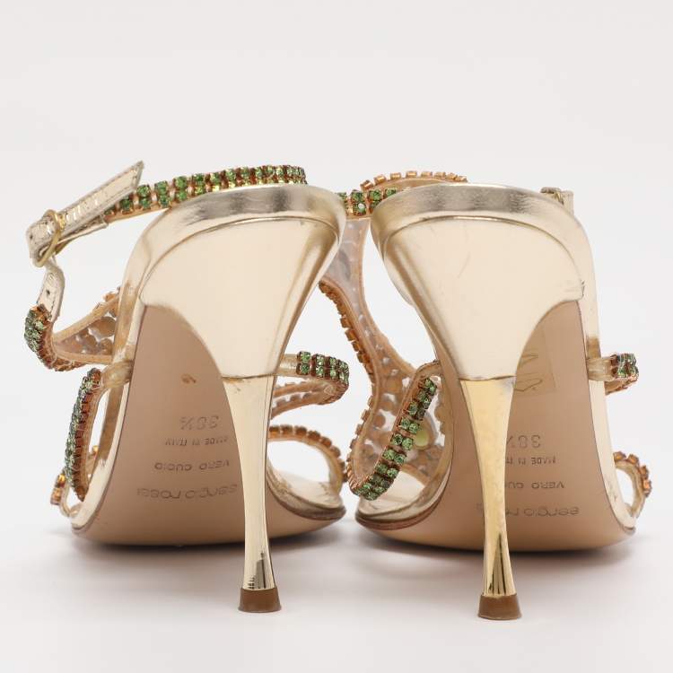 Pre Owned Sergio Rossi Gold Leather Ankle Strap Sandals Size 38.5