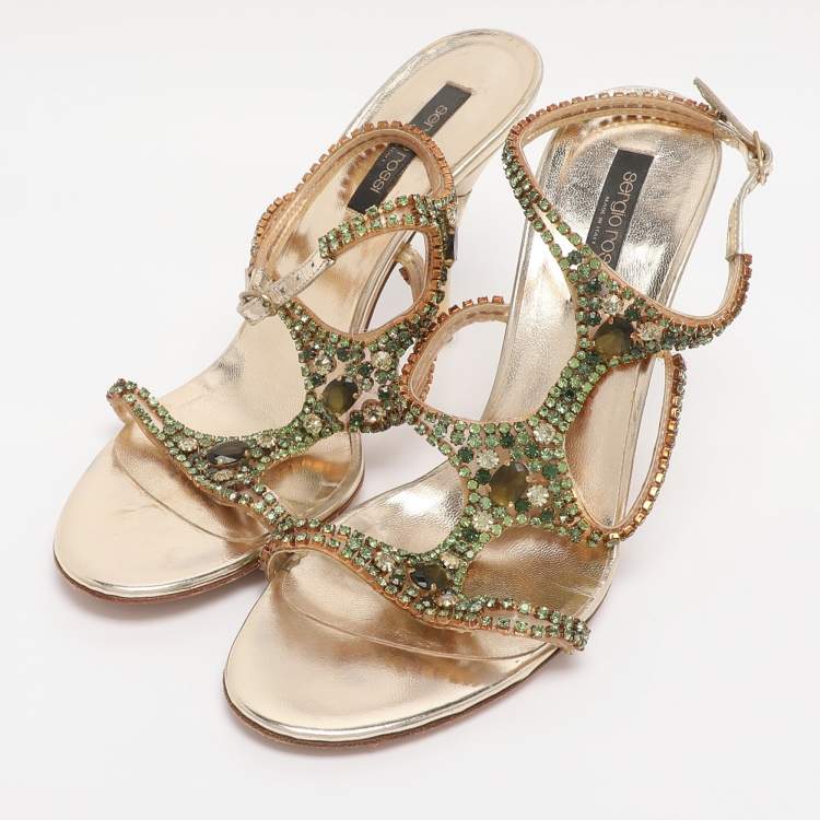 Pre Owned Sergio Rossi Gold Leather Ankle Strap Sandals Size 38.5