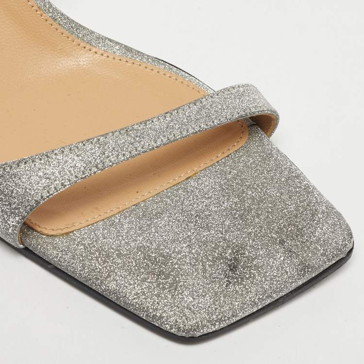 مملوكة مسبقًا Sergio Rossi Silver Glitter Ankle Strap Sandals Size 37.5