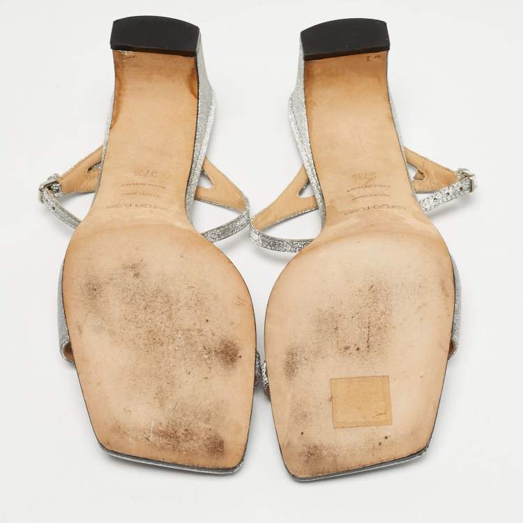 مملوكة مسبقًا Sergio Rossi Silver Glitter Ankle Strap Sandals Size 37.5