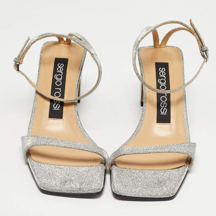 مملوكة مسبقًا Sergio Rossi Silver Glitter Ankle Strap Sandals Size 37.5