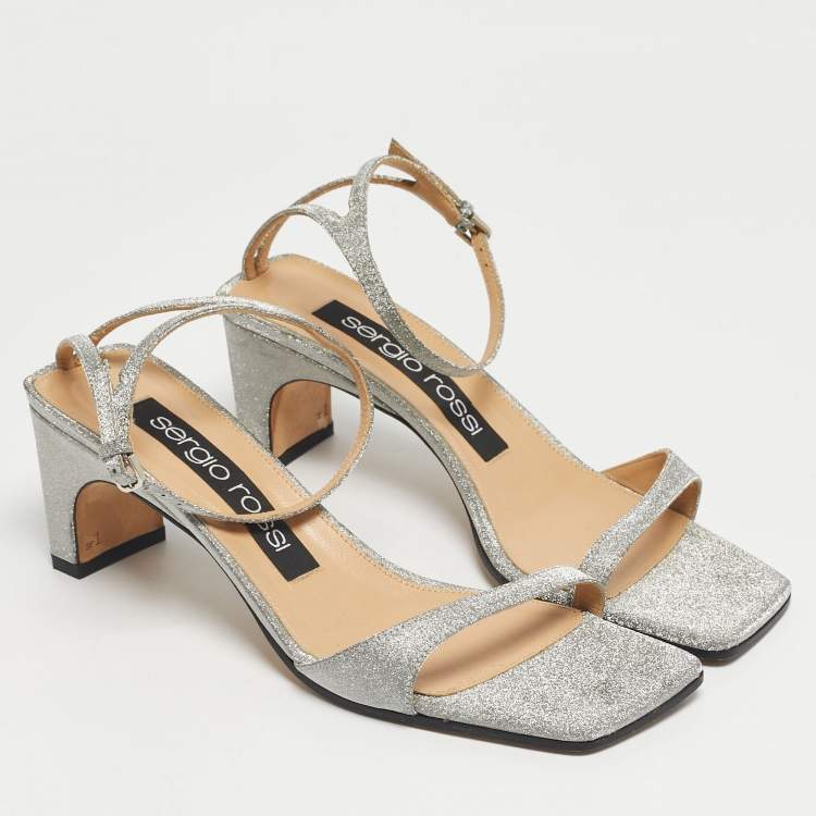 مملوكة مسبقًا Sergio Rossi Silver Glitter Ankle Strap Sandals Size 37.5