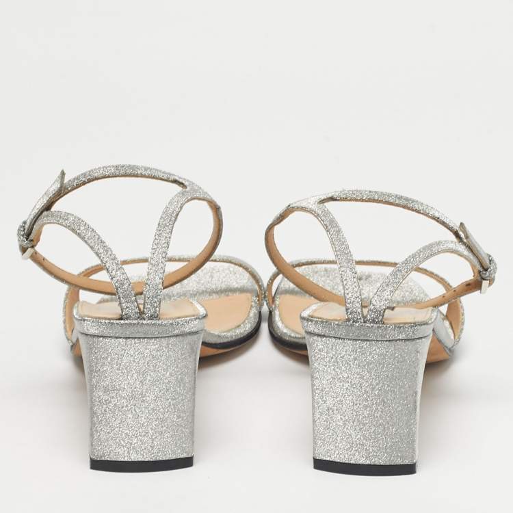 مملوكة مسبقًا Sergio Rossi Silver Glitter Ankle Strap Sandals Size 37.5