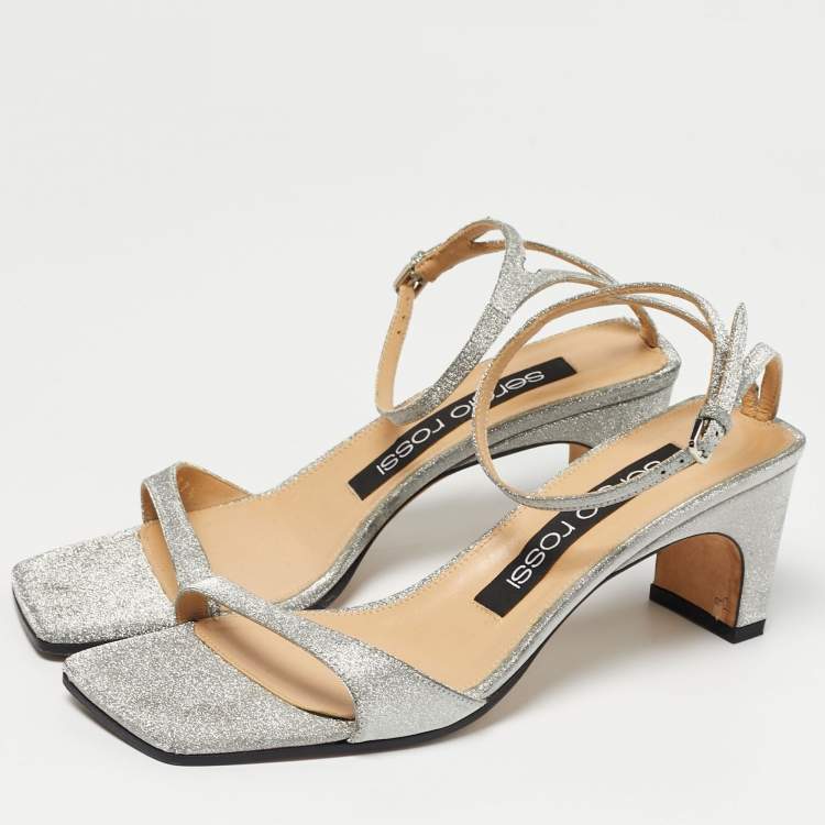 مملوكة مسبقًا Sergio Rossi Silver Glitter Ankle Strap Sandals Size 37.5