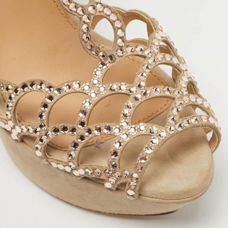 Pre Owned Sergio Rossi Grey Suede Embellished Strappy Scalloped Platform Sandals Size 36