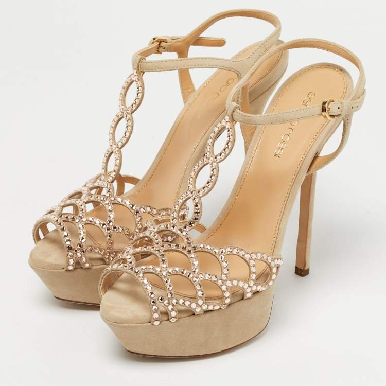 Pre Owned Sergio Rossi Grey Suede Embellished Strappy Scalloped Platform Sandals Size 36