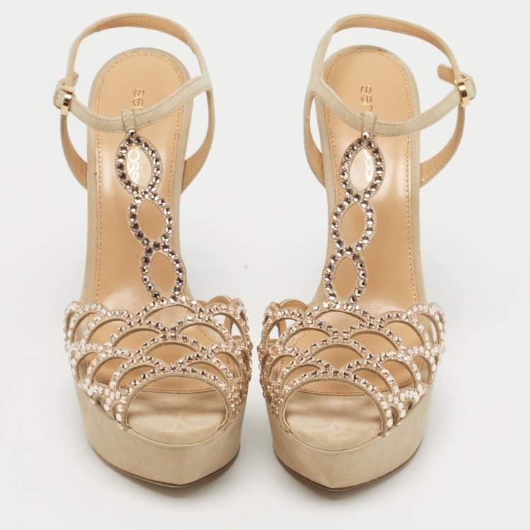 Pre Owned Sergio Rossi Grey Suede Embellished Strappy Scalloped Platform Sandals Size 36