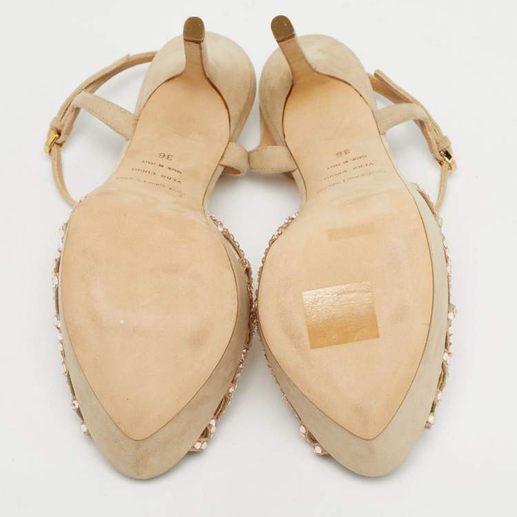 Pre Owned Sergio Rossi Grey Suede Embellished Strappy Scalloped Platform Sandals Size 36