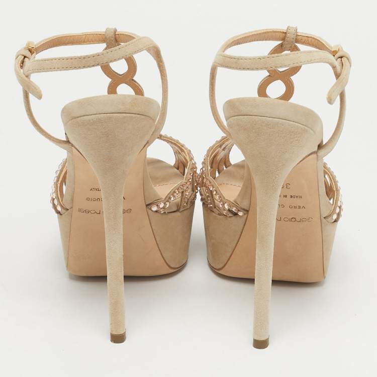 Pre Owned Sergio Rossi Grey Suede Embellished Strappy Scalloped Platform Sandals Size 36